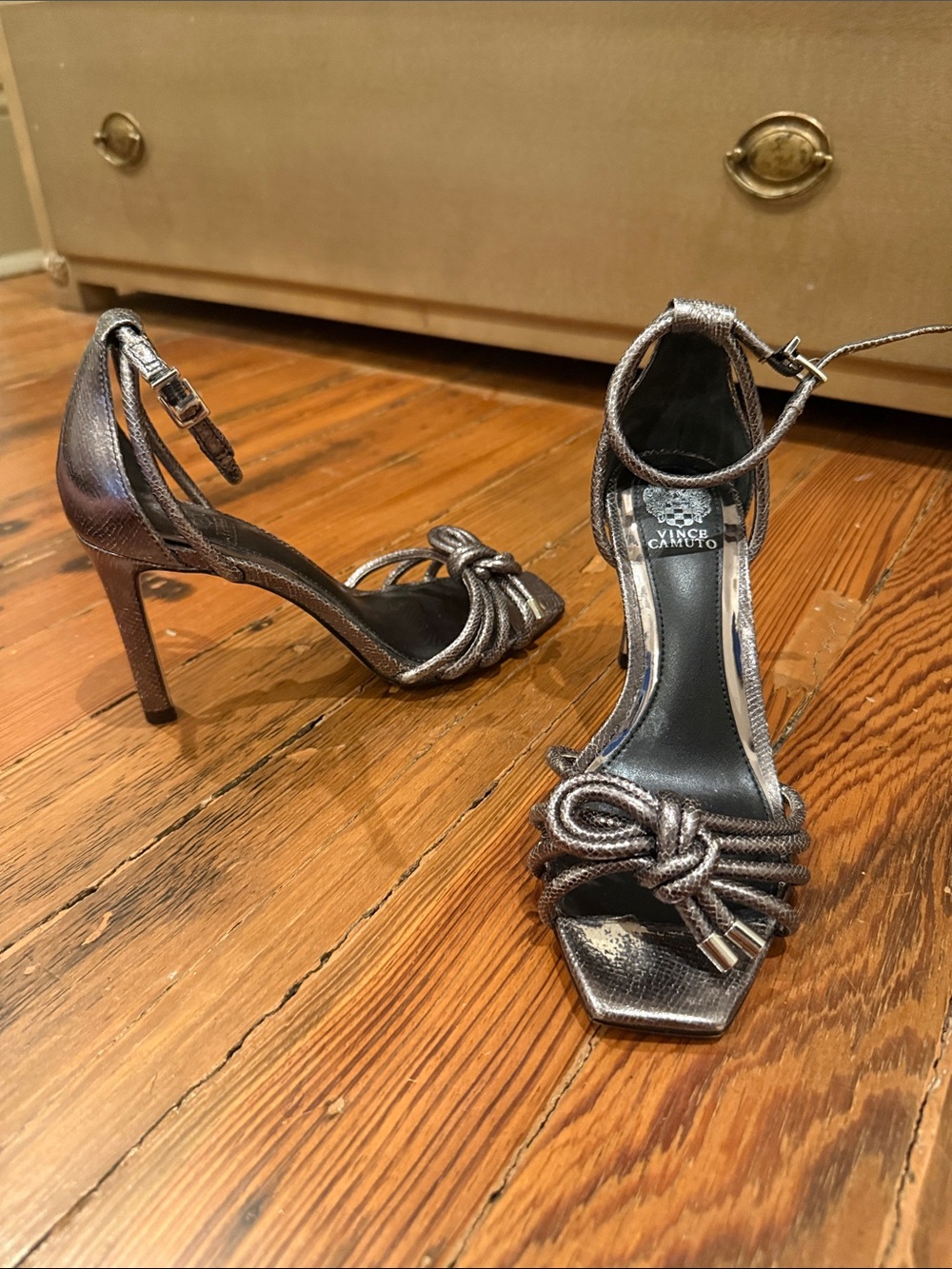 Vince Camuto Metallic Silver Knotted Ankle-Strap Heels